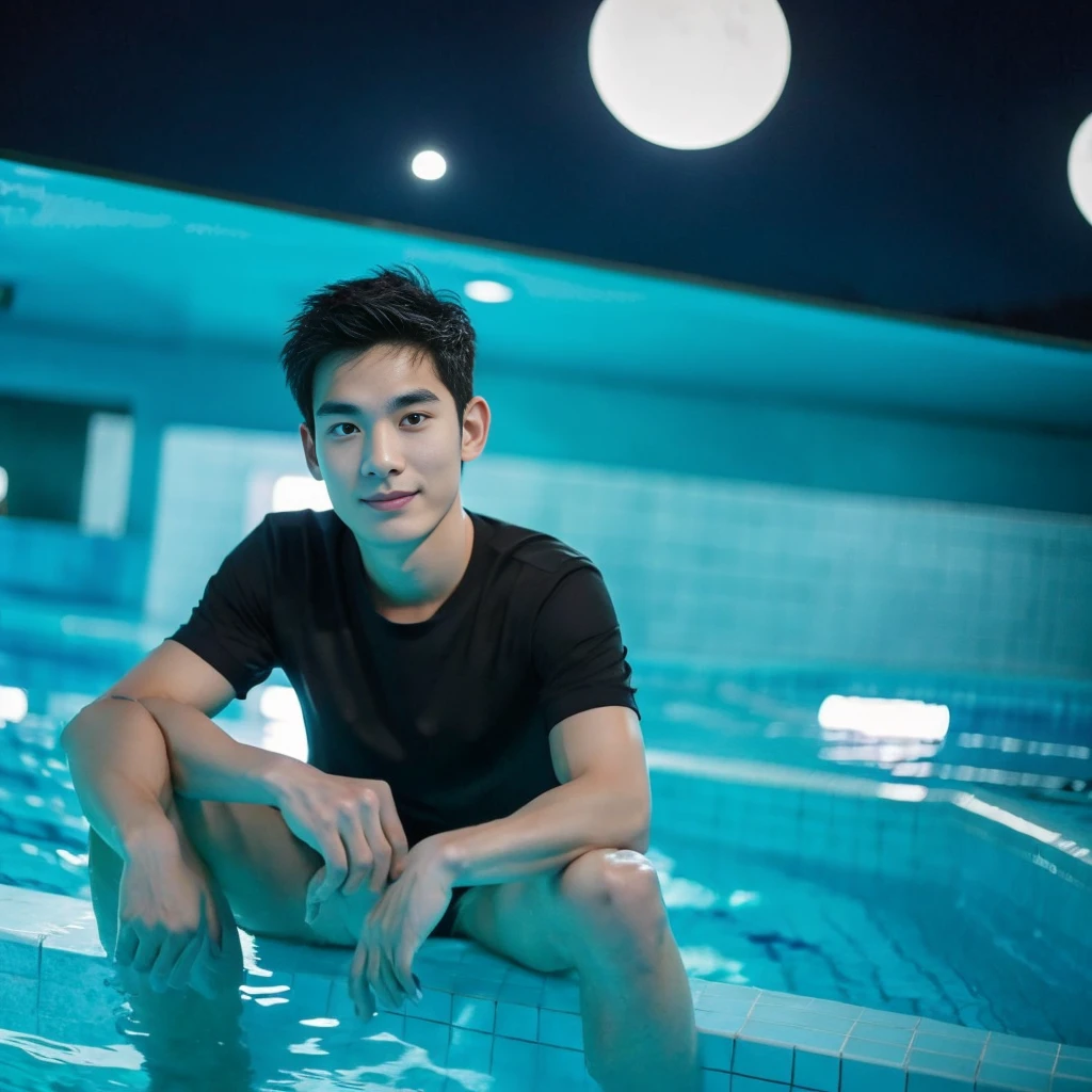 独奏:1.3 ,Korean man, Inspiration from Peng Yuyan,  23 years old, Cute Korean Face, 35 yo, 33 year old Korean muscular man，Sitting near the swimming pool, black t-shirt, night light view, half moon, Blue lights under the swimming pool, lantern light,