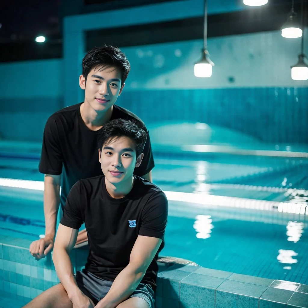 独奏:1.3 ,Korean man, Inspiration from Peng Yuyan, 23 years old, Cute Korean Face, 35 yo, 33 year old Korean muscular man,Sitting near the swimming pool, black t-shirt, night light view, half moon, Blue lights under the swimming pool, lantern light,