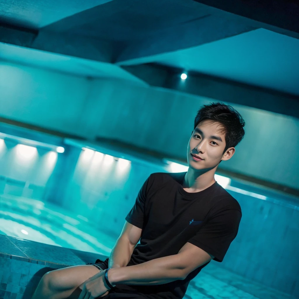 独奏:1.3 ,Korean man, Inspiration from Peng Yuyan, 23 years old, Cute Korean Face, 35 yo, 33 year old Korean muscular man,Sitting near the swimming pool, black t-shirt, night light view, half moon, Blue lights under the swimming pool, lantern light,