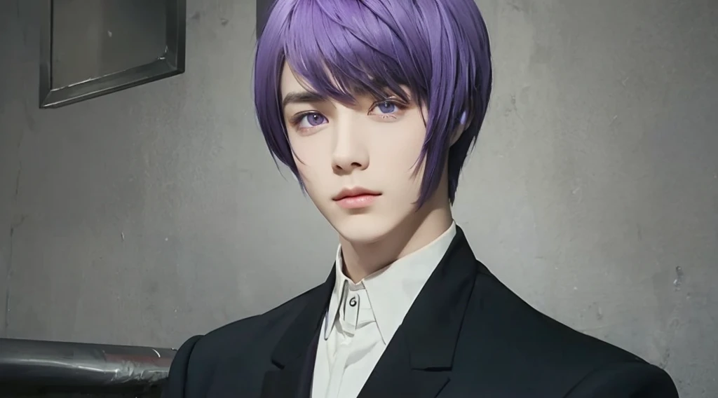 young man with with short purple hair and purple eyes