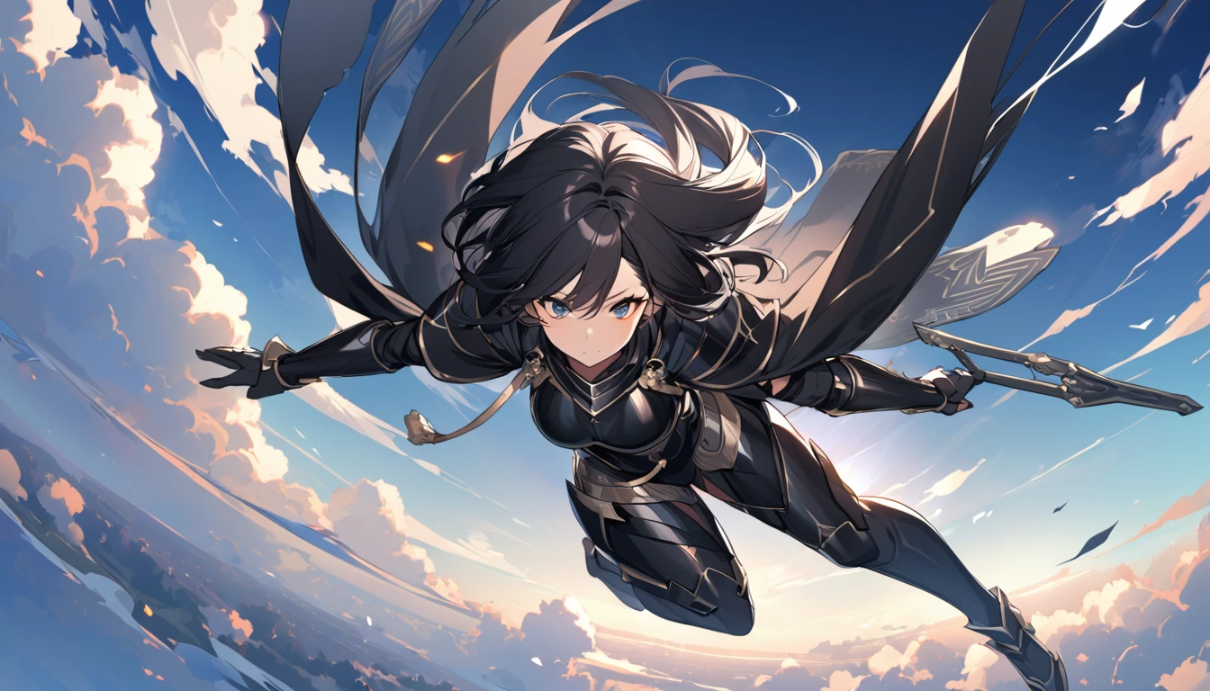 A beautiful female warrior with long black hair and wearing black armor, flying in the sky.