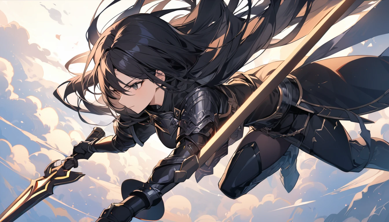 A beautiful female warrior with long black hair and wearing black armor, flying in the sky.