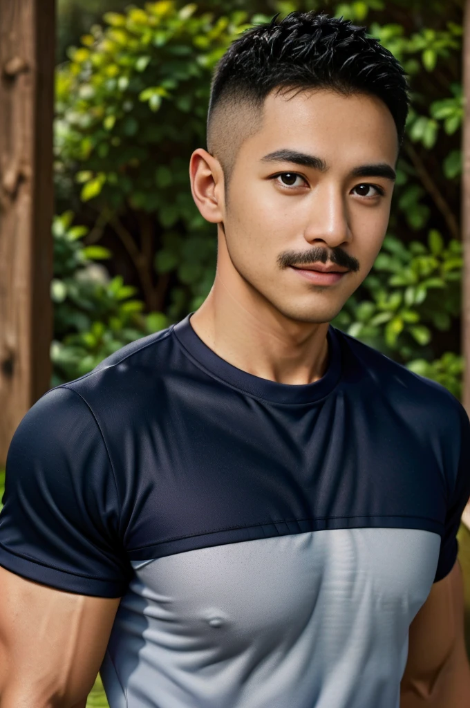 Masterpiece, best quality, high resolution, realistic, handsome, Take beautiful photos, Sayk, NRF, Photo of the 35 year old gym association (The man has a thin mustache.:1.2) Portrait, standing in the garden , make military media, weight, Amazing , Buzzcut short hair,stubble head , (Hyper Muscle),looking at the audience, Flirt with the camera, charming, (Tight navy blue workout shirt. ),(GS-Male:1), 8K,Bokeh,Portrait,look at the viewer,
