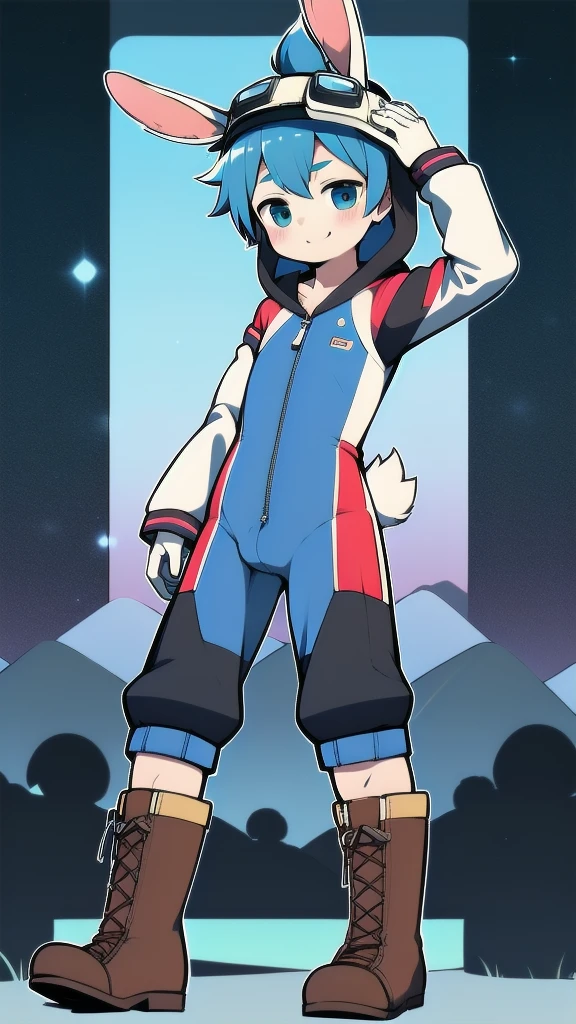 2D Boy Shota，One-piece mountaineering suit，Slim, healthy body，Put the headphones on your head，stand up，goggles，Rabbit ears，happy，Sailor collar，tie，Zipper pulled down，boots，hood