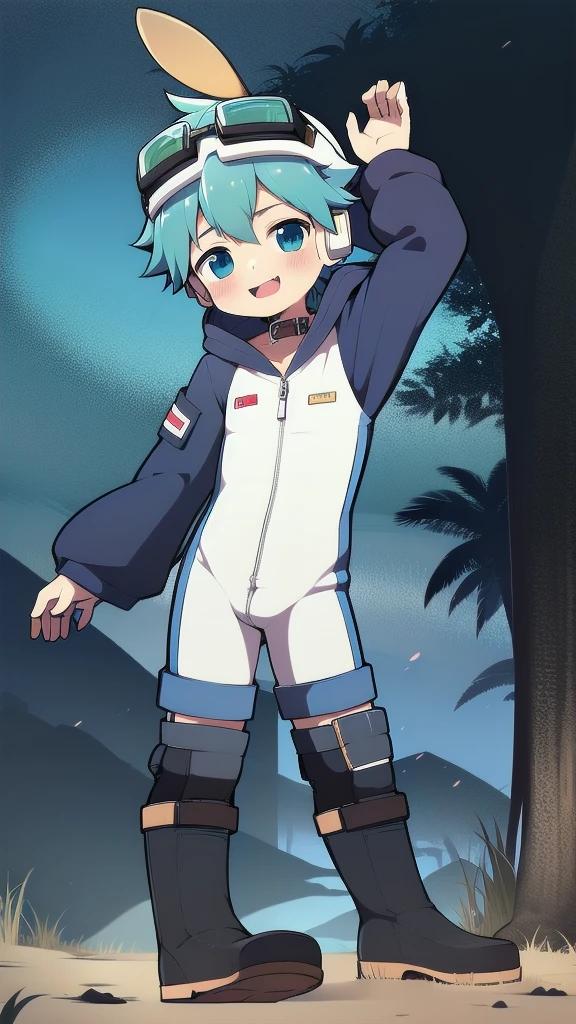 2D Boy Shota,One-piece mountaineering suit,Slim, healthy body,Put the headphones on your head,stand up,goggles,Rabbit ears,happy,Sailor collar,tie,Zipper pulled down,boots,hood