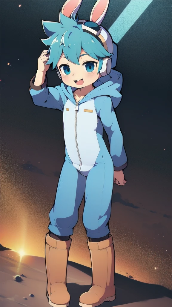 2D Boy Shota,One-piece mountaineering suit,Slim, healthy body,Put the headphones on your head,stand up,goggles,Rabbit ears,happy,Sailor collar,tie,Zipper pulled down,boots,hood