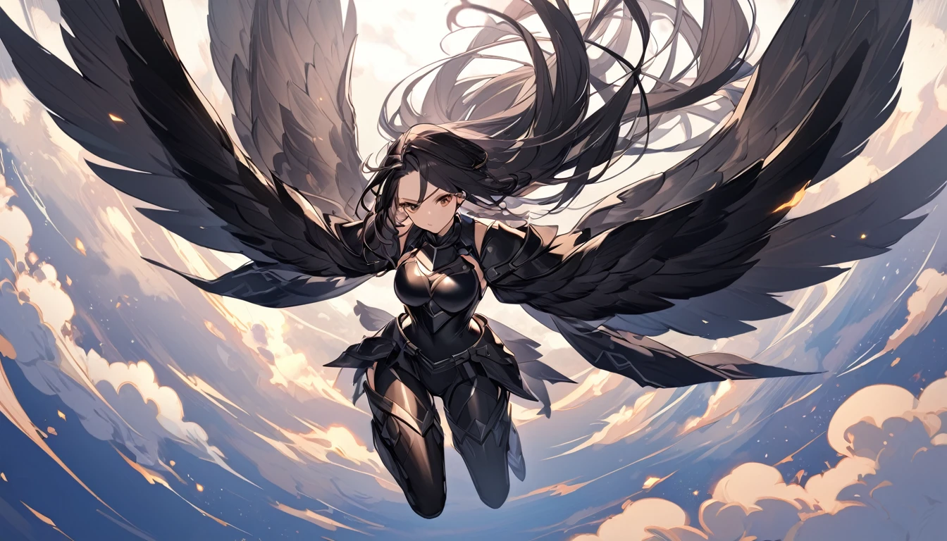 A beautiful female warrior with long black hair and wearing black armor, flying in the sky.