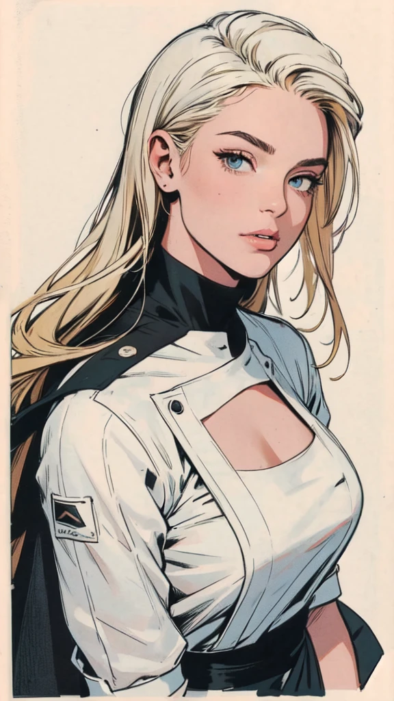 Restaurant chef, Wide shoulders, perfect hair, blonde hair, black uniform, Portrait, white rectangle in the background, ready to trim, no cut parts, White background, a girl who is a chef, masterpiece,extremely beautiful woman,Excellent sense,(((perfect very white background))),American Comics,(((The Perfect One Woman))),(((one person))),colorful,Highly detailed perfect upper body,highly detailed face,near future,SF,