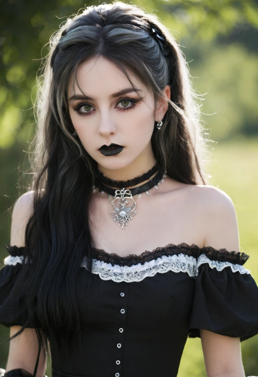 (masterpiece:1.2), (best quality:1.2), perfect eyes, perfect face, perfect lighting, 1girl, mature female gothgal standing with her hands in front, long hair, intricate hairdo, makeup, black lips, thick eyelashes, sad, melancholy, wearing a gothgal outfit, black and white dress, frills, ribbons, puffy sleeves, bare shoulders, lacey choker, jewelry, peaceful, quiet, chill, detailed outdoor background, beautiful landscape, fantasy, summer, sunny, sunburnt, flowers, trees  