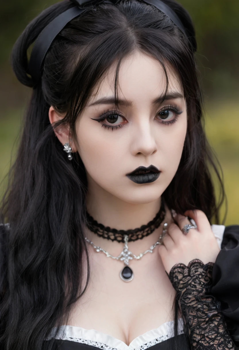 (masterpiece:1.2), (best quality:1.2), perfect eyes, perfect face, perfect lighting, 1girl, mature female gothgal standing with her hands in front, long hair, intricate hairdo, makeup, black lips, thick eyelashes, sad, melancholy, wearing a gothgal outfit, black and white dress, frills, ribbons, puffy sleeves, bare shoulders, lacey choker, jewelry, peaceful, quiet, chill, detailed outdoor background, beautiful landscape, fantasy, summer, sunny, sunburnt, flowers, trees