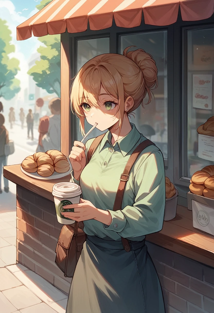 A girl drinks morning coffee with a croissant in a street cafe