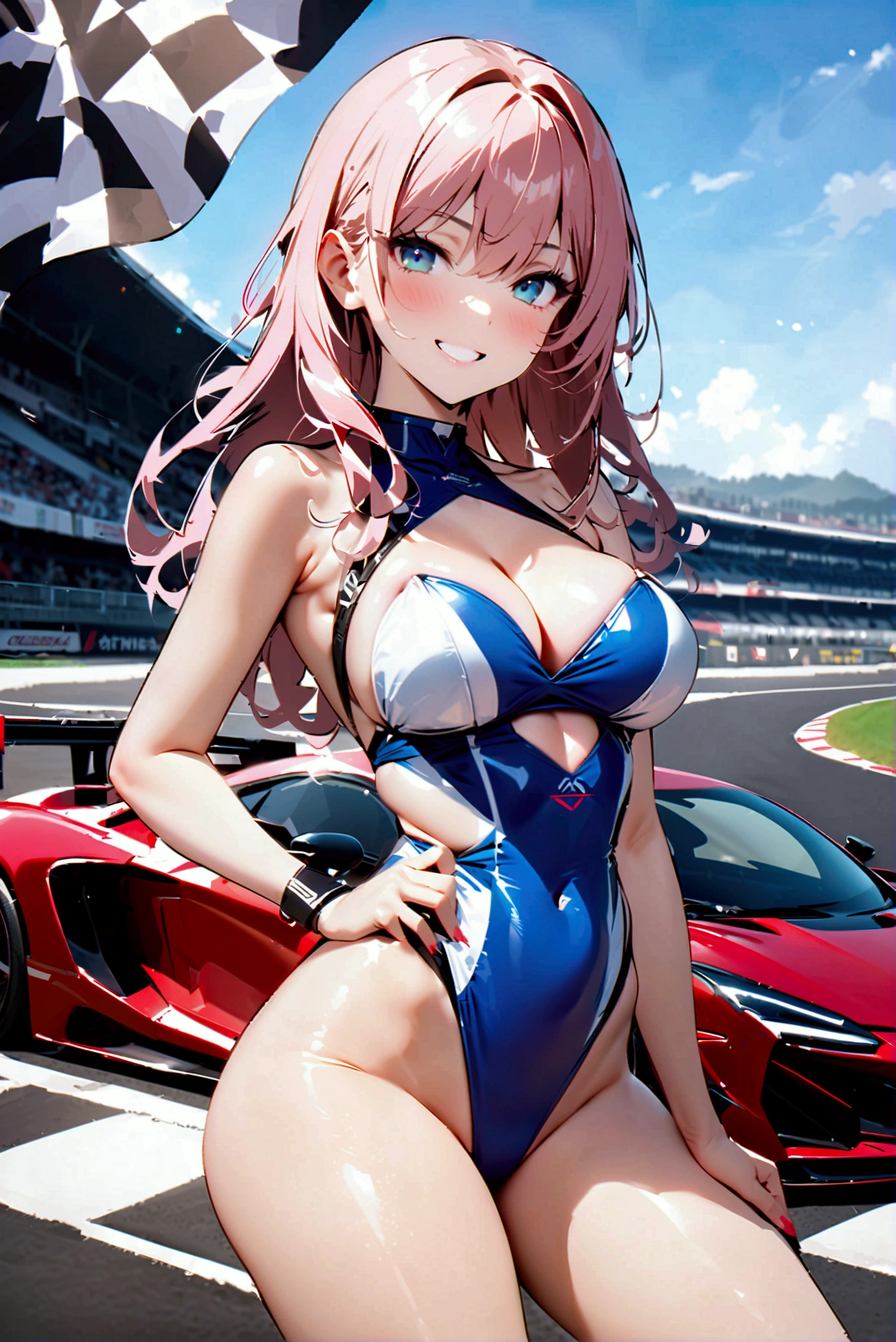 Highest quality,masterpiece,Auto racing circuit,Supermodel,Ridiculous Swimsuit,Checkered Flag,smile,Race Queen