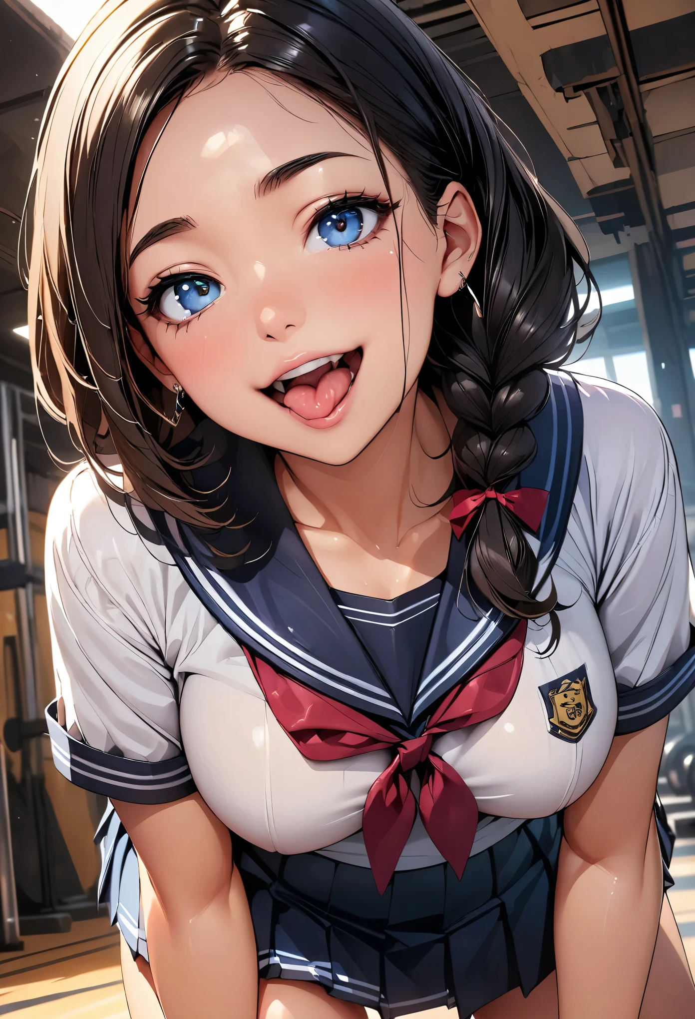 (Highest quality:1.2, Very detailed, Digital illustration, High Detail, masterpiece:1.2, Highest quality, Best aesthetics), (((1 Girl))), JK, Sailor suit, Pleated skirt, Open your mouth:1.2, Showing tongue, smile, (Black Hair, Braid), Dynamic Angle, Friendly atmosphere, Beautiful Hair, Shiny Hair, Beautiful Skin, Detailed face and eyes, Glossy Lips, Curvy Women, On all fours:1.2, gym, Looking up, Accurate fingering, Light and shadow with attention to detail, Background Blur.