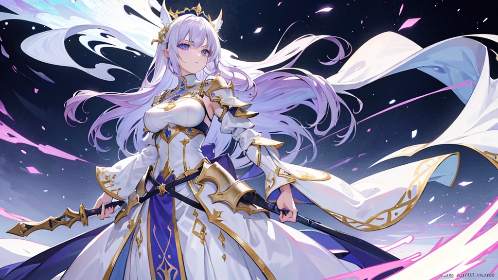Nara Vor EndField's appearance now resembles that of a white knight or holy hero. She maintains her long, flowing purple hair that reaches her waist and piercing blue eyes reflecting intelligence and sharpness. She continues to wear a wide, full-length dress, but it now incorporates elements of a white knight's armor, adding a touch of elegance and nobility. Her serious and focused expression suggests determination and readiness for a challenge. The abstract, glowing background enhances the holy and heroic aura surrounding her, emphasizing her strong and charismatic presence. She holds a flaming spear, adding to her imposing and powerful presence, further emphasizing her readiness for any challenge.