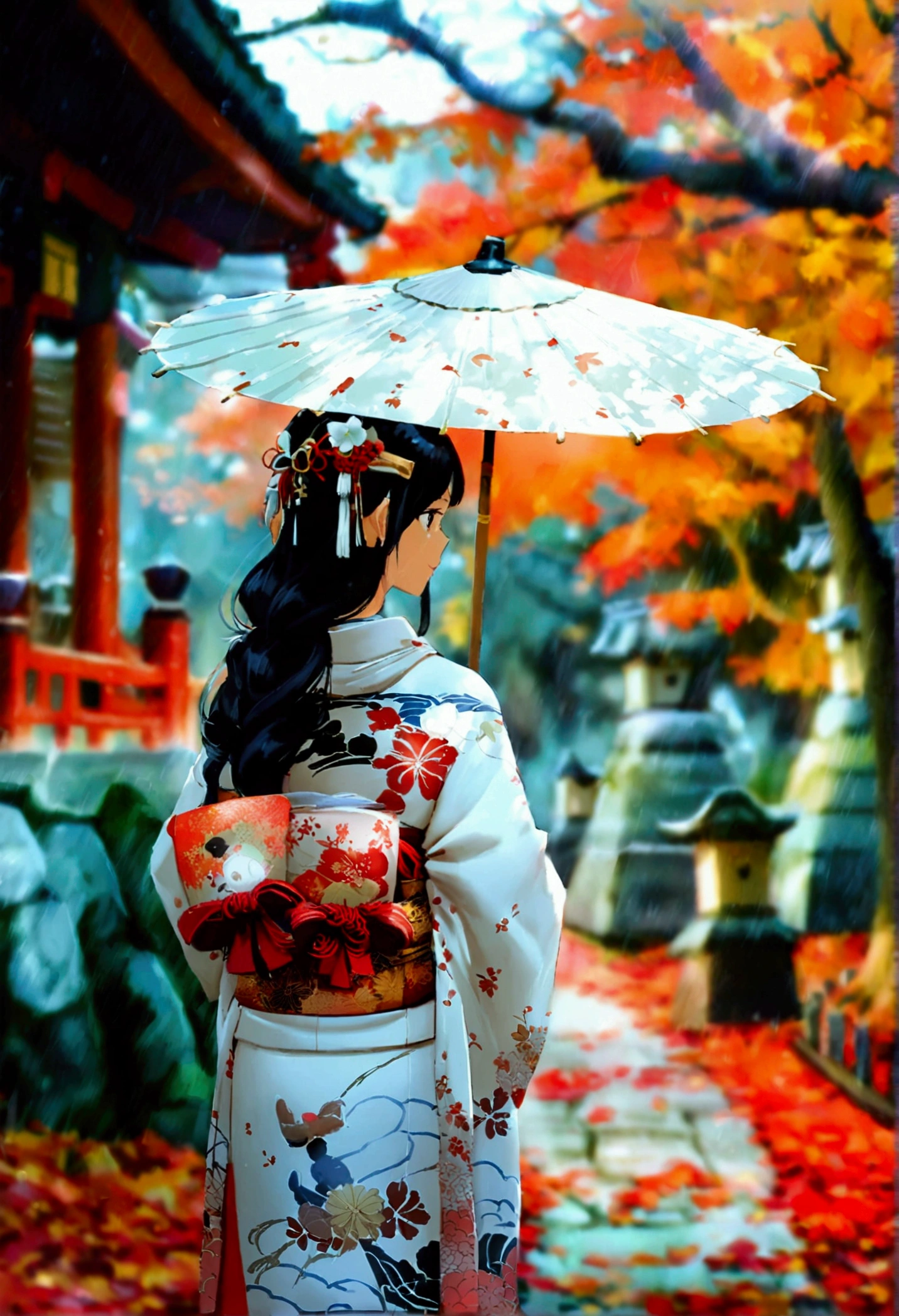 （Umbrella，grace，grace而神秘，身穿kimono的女性、Long hair，（kimono，White tabi socks and clogs），shrine，shrine的少女，Gentle smile，美丽的shrine风景，autumn,maple，Anime Background，Japanese art style，Fallen Leaves