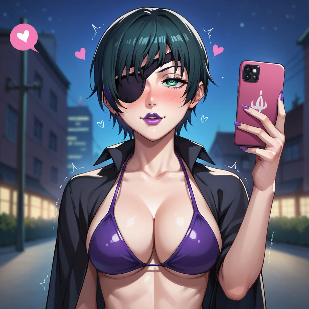 mature female, mature, Adult, himeno, himeno(Chainsaw Man), POV, 1girl, black hair, short hair, eyepatch, solo, hypnosis, brainwashed, blush, phone, heart, eye symbol, rating_questionable, naughty face, rolling_eyes, cross-eyes, pout, stick mouth, sharp mouth, purple lips, shaking head, Villains, chest, View your audience, Night town, City, skyscraper, Night, Dark, latex purple bikini under the black cape, masterpiece, Top animation quality,Top image quality,