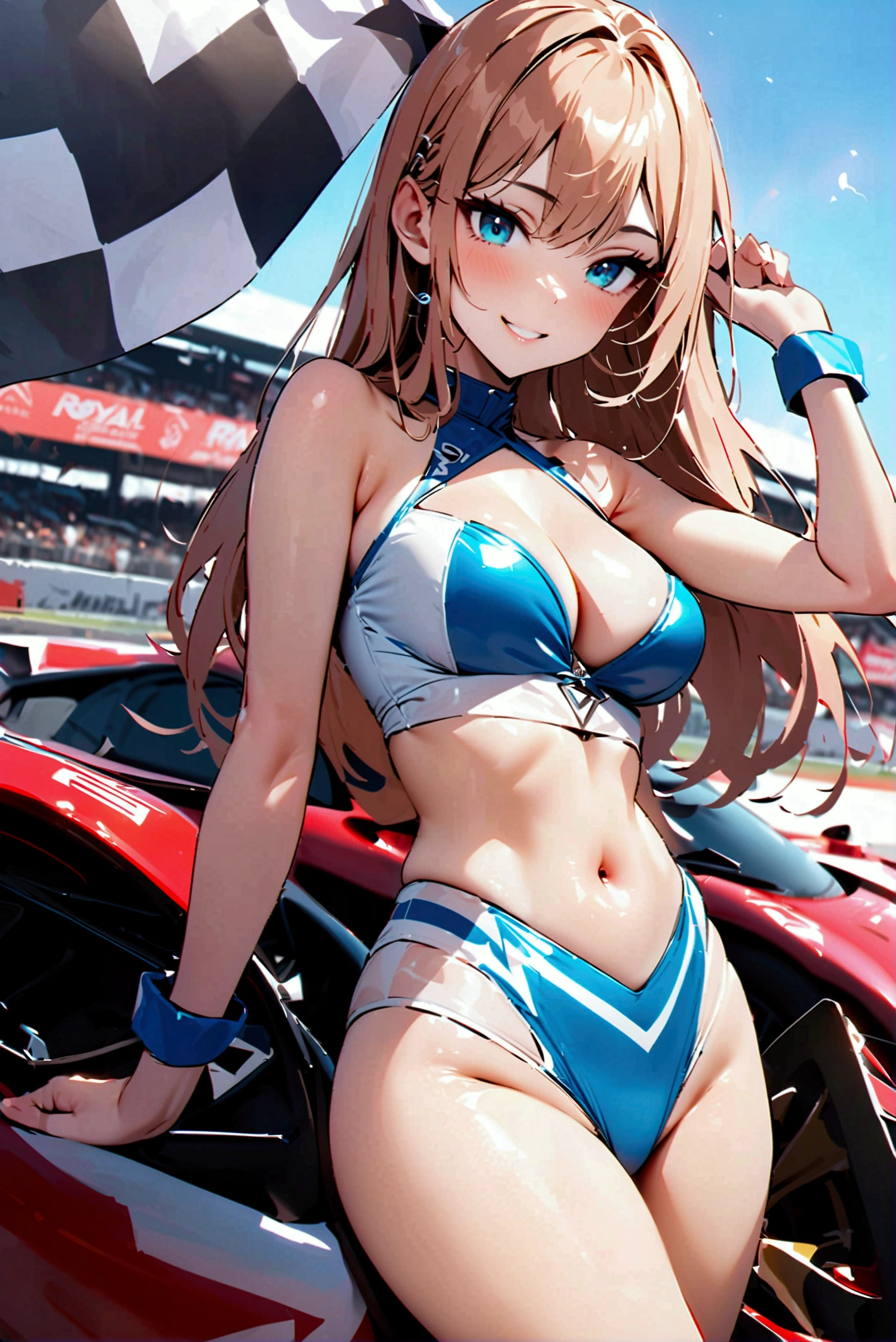 Highest quality,masterpiece,Auto racing circuit,Supermodel,Flashy swimsuit,Checkered Flag,smile,Race Queen