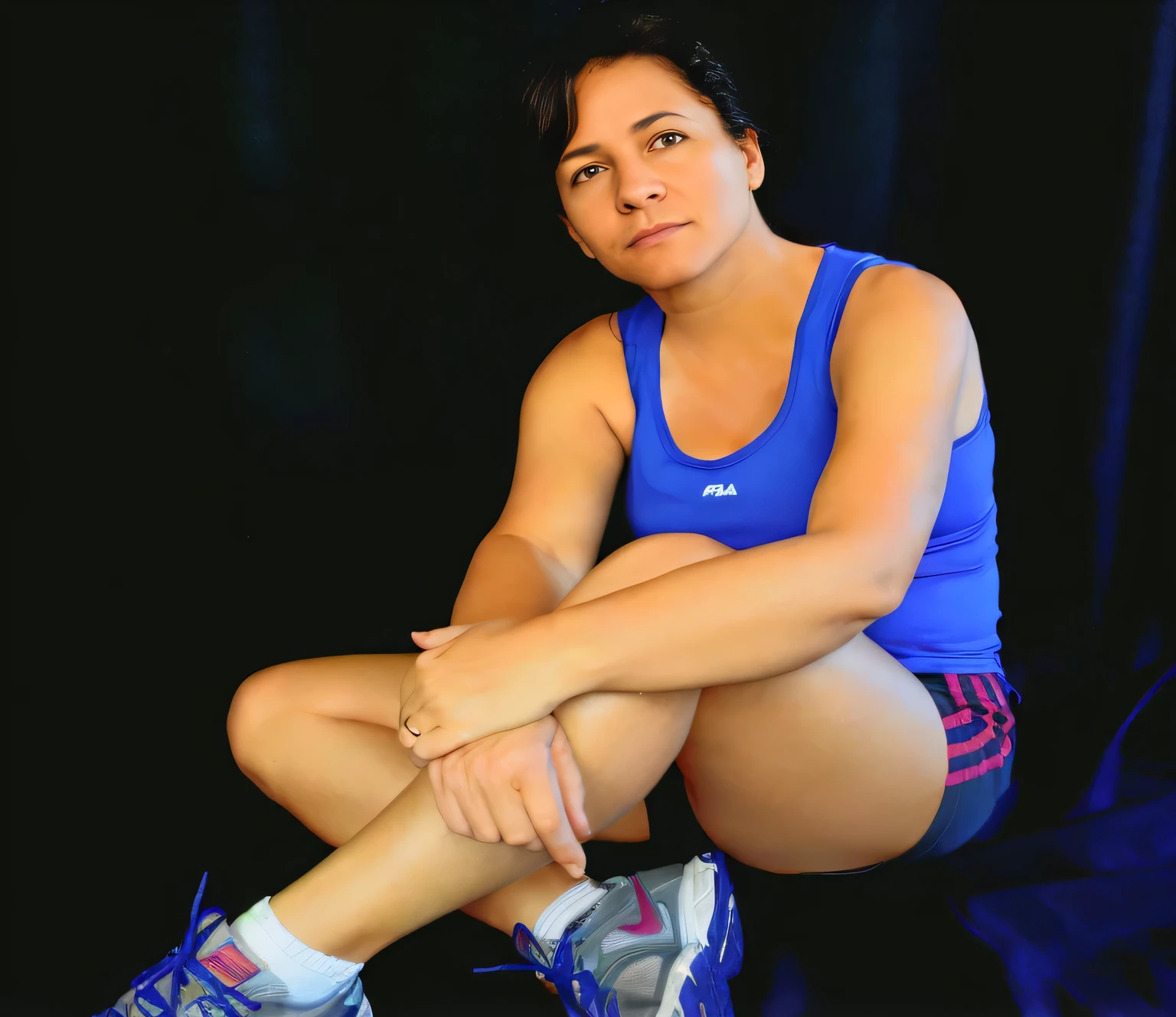 arafed woman sitting on a black surface with her legs crossed, sandra chevier, 40 years old women, profile image, squatting pose, wearing fitness gear, photo portrait, portrait image, woman posing, magda torres gurza, sitting cross-legged, muscular and exhausted woman, portait image, mid shot portrait, profile shot