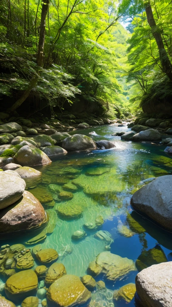 I entered the Kawahara River in the forest of Kawakami, where the sunlight filtered through the trees and the water was crystal clear. I got so close I could see the scenery from the water surface, even the stones.