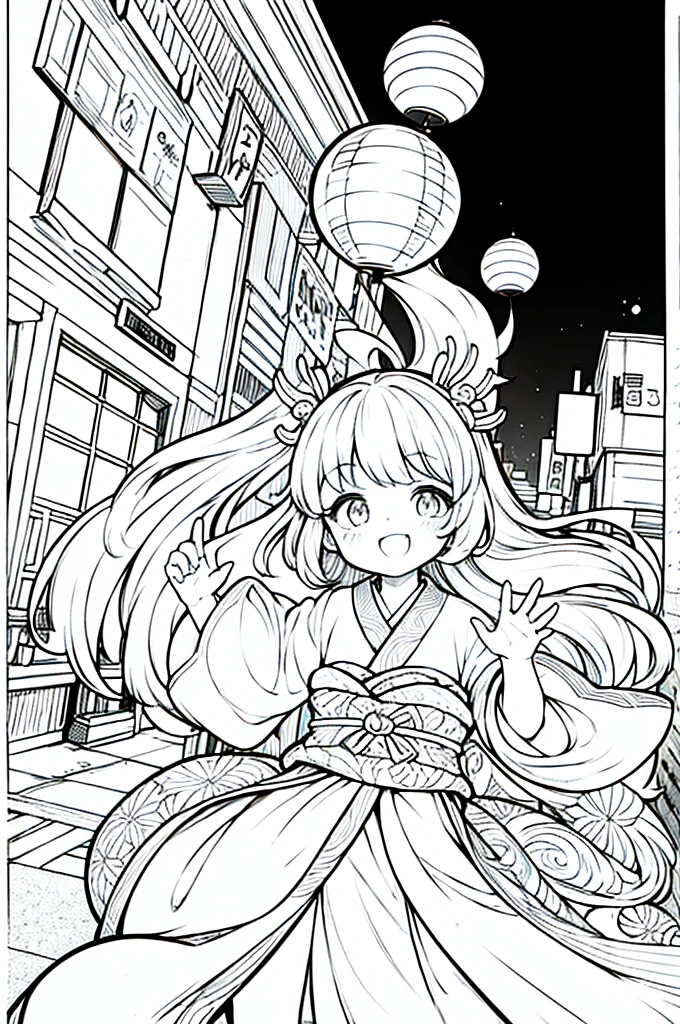 As a coloring book, the color should be black and white, the border should be simple, clear, and bold. A bubbly Asian girl with a contagious smile is enjoying a lively [matsuri festival] in the bustling streets of Tokyo. She is wearing a festive [kimono with goldfish pattern], the vibrant colors blending with the energy of the crowd. The girl's hands are clapping to the rhythm of the music, and her hair is adorned with a colorful [hair ornament]. The festival lanterns and street decorations provide a festive backdrop for the coloring book illustration.
