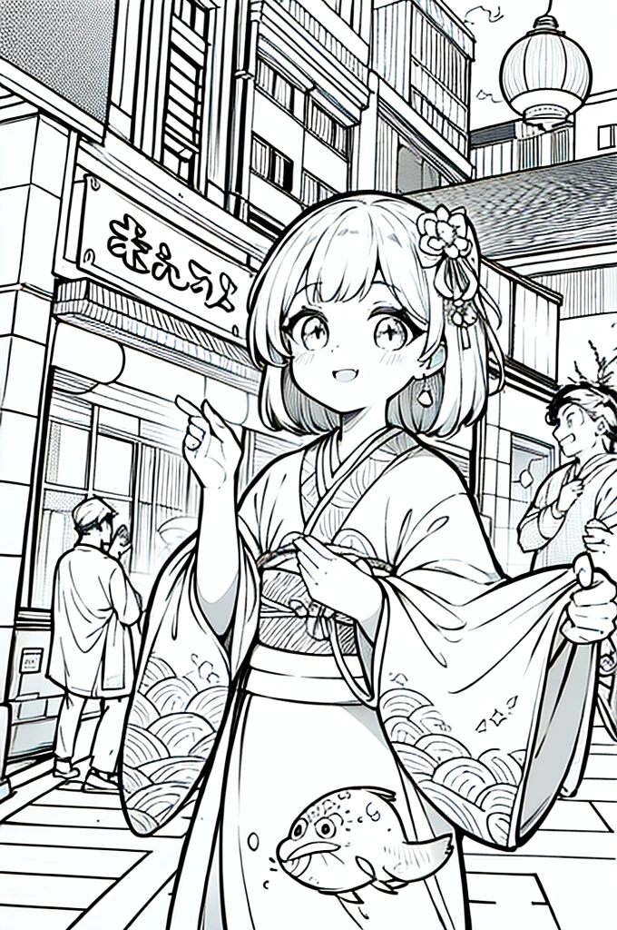 As a coloring book, the color should be black and white, the border should be simple, clear, and bold. A bubbly Asian girl with a contagious smile is enjoying a lively [matsuri festival] in the bustling streets of Tokyo. She is wearing a festive [kimono with goldfish pattern], the vibrant colors blending with the energy of the crowd. The girl's hands are clapping to the rhythm of the music, and her hair is adorned with a colorful [hair ornament]. The festival lanterns and street decorations provide a festive backdrop for the coloring book illustration.
