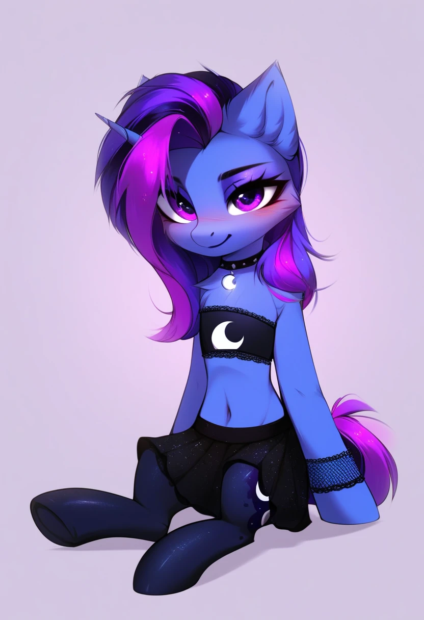 check_9, check_8_up, check_7_up, source_fluffy, rating_safe, from Magnaluna, Luna poses seductively in a gothic bedroom, antro, blushing, blue body, purple mane, see through black skirt 