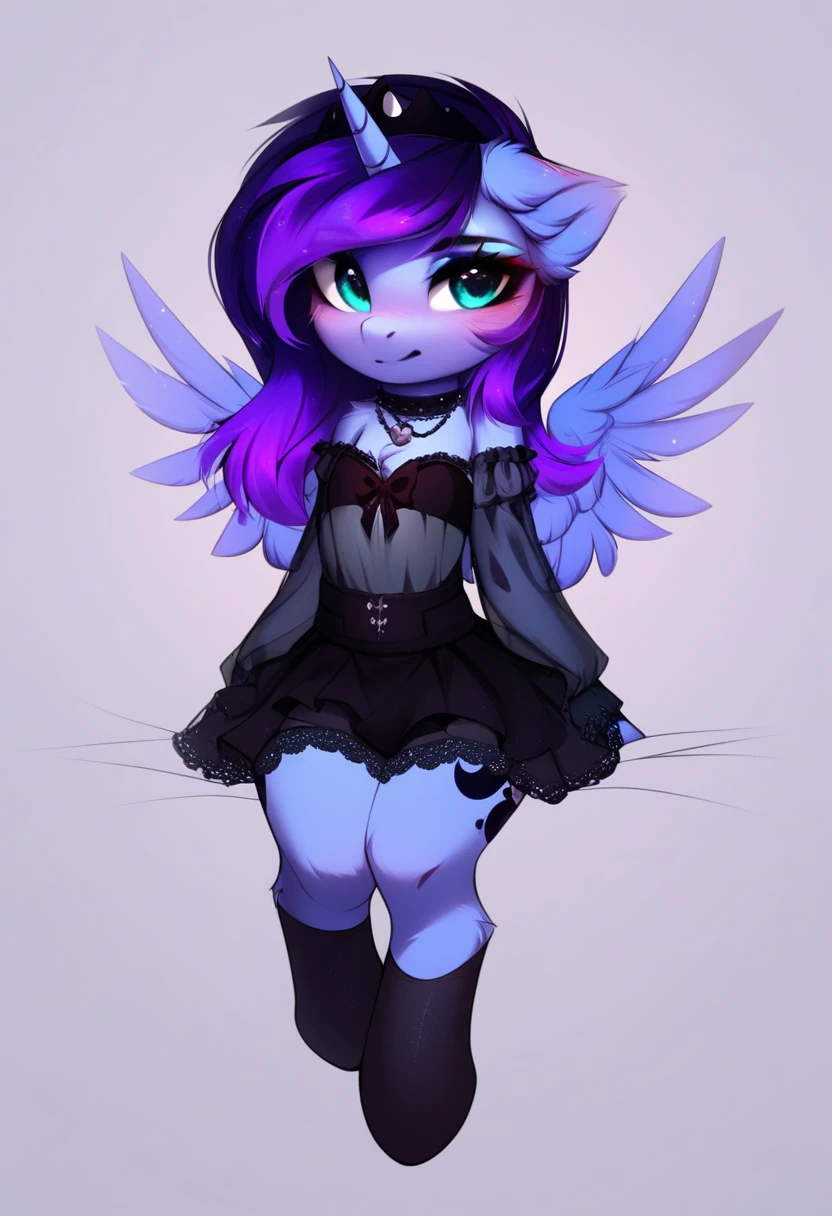 check_9, check_8_up, check_7_up, source_fluffy, rating_safe, from Magnaluna, Luna poses seductively in a gothic bedroom, antro, blushing, blue body, purple mane, see through black skirt 