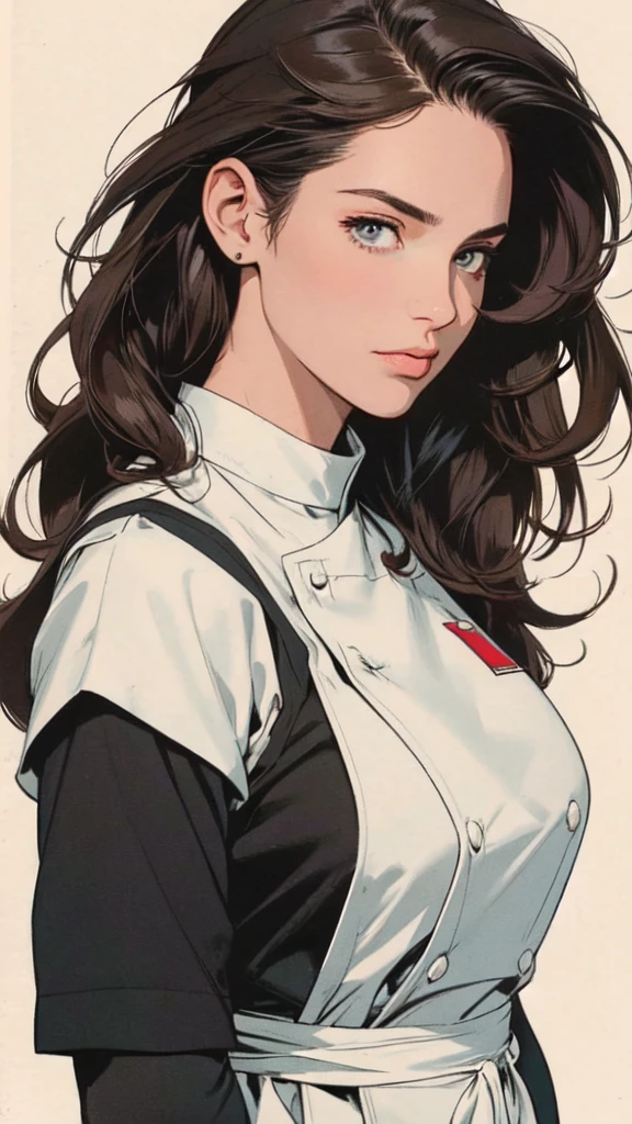 Restaurant chef, Wide shoulders, perfect hair, brown hair, black uniform, Portrait, white rectangle in the background, ready to trim, no cut parts, White background, a girl who is a chef, masterpiece,extremely beautiful woman,Excellent sense,(((perfect very white background))),American Comics,(((The Perfect One Woman))),(((one person))),colorful,Highly detailed perfect upper body,highly detailed face,near future,SF,