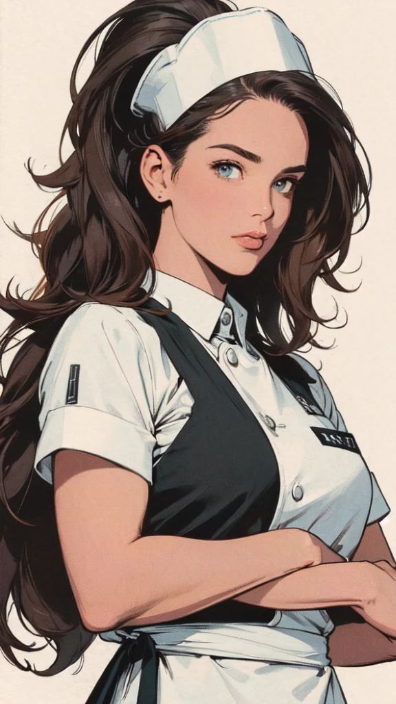 Restaurant chef, Wide shoulders, perfect hair, brown hair, black uniform, Portrait, white rectangle in the background, ready to trim, no cut parts, White background, a girl who is a chef, masterpiece,extremely beautiful woman,Excellent sense,(((perfect very white background))),American Comics,(((The Perfect One Woman))),(((one person))),colorful,Highly detailed perfect upper body,highly detailed face,near future,SF,