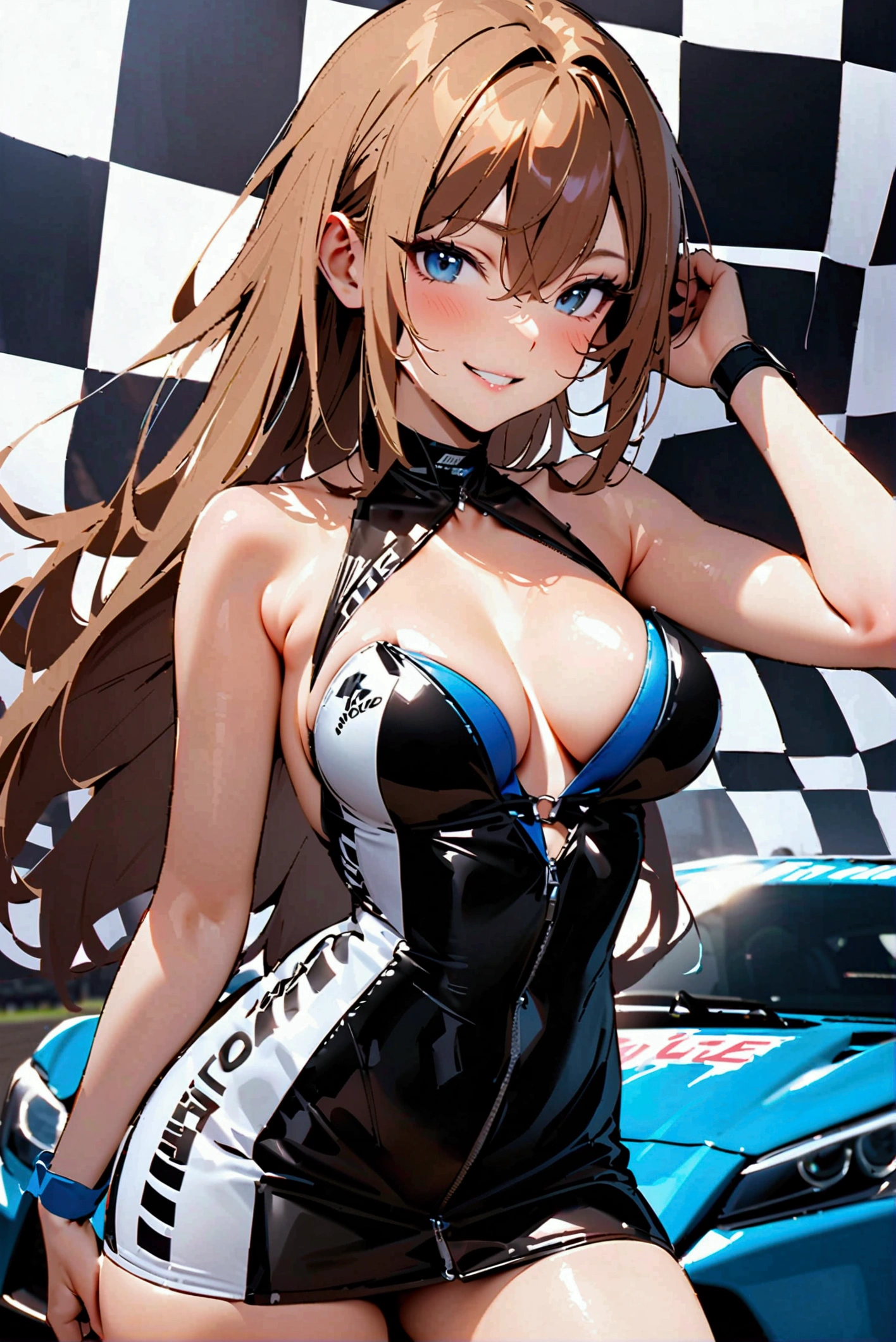 Highest quality,masterpiece,Auto racing circuit,Supermodel,Checkered Flag,smile,Race Queen