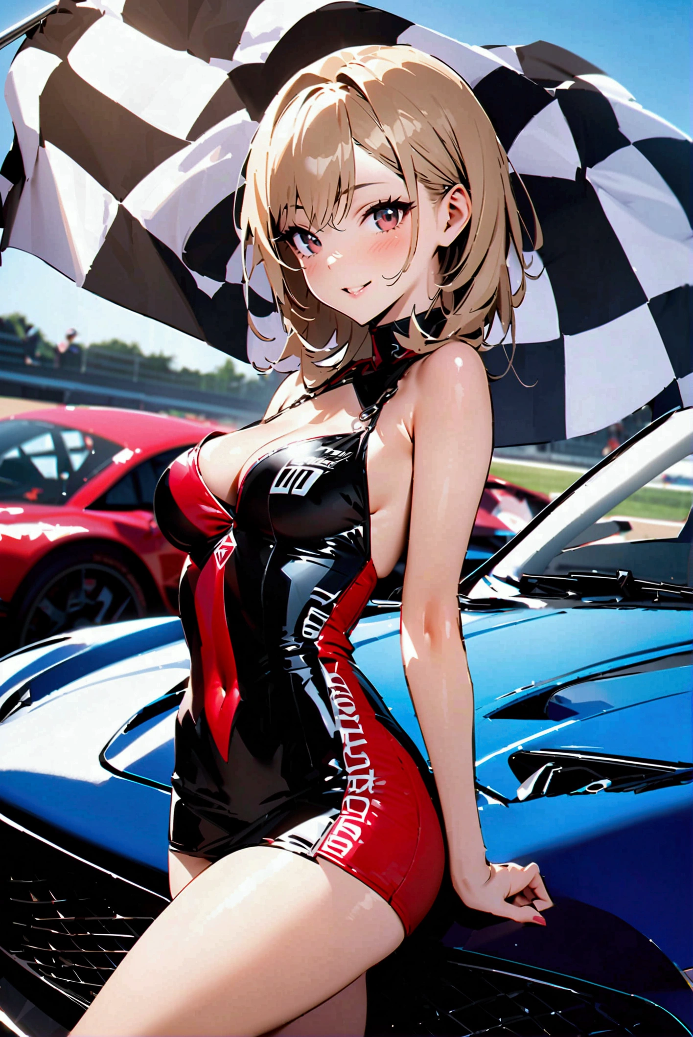 Highest quality,masterpiece,Auto racing circuit,Supermodel,Checkered Flag,smile,Race Queen