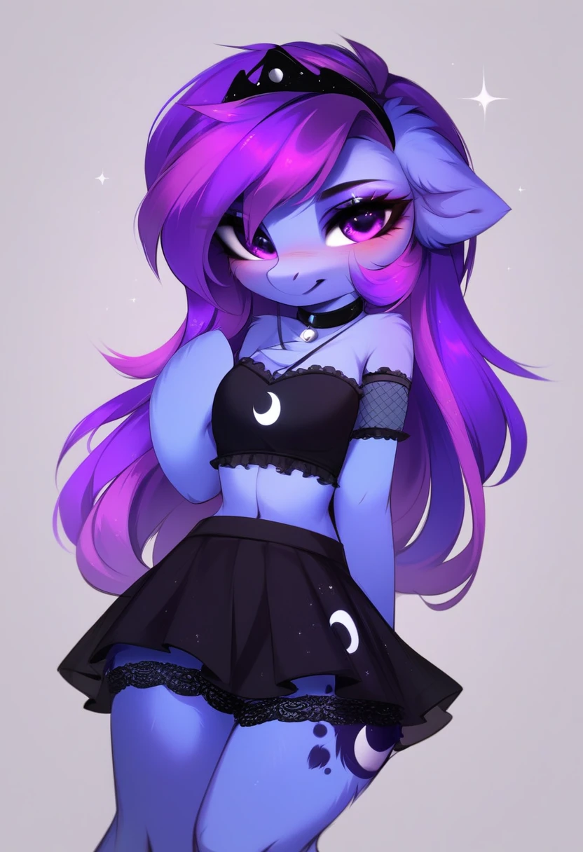 check_9, check_8_up, check_7_up, source_fluffy, rating_safe, from Magnaluna, Luna poses seductively in a gothic bedroom, antro, blushing, blue body, purple mane, see through black skirt 