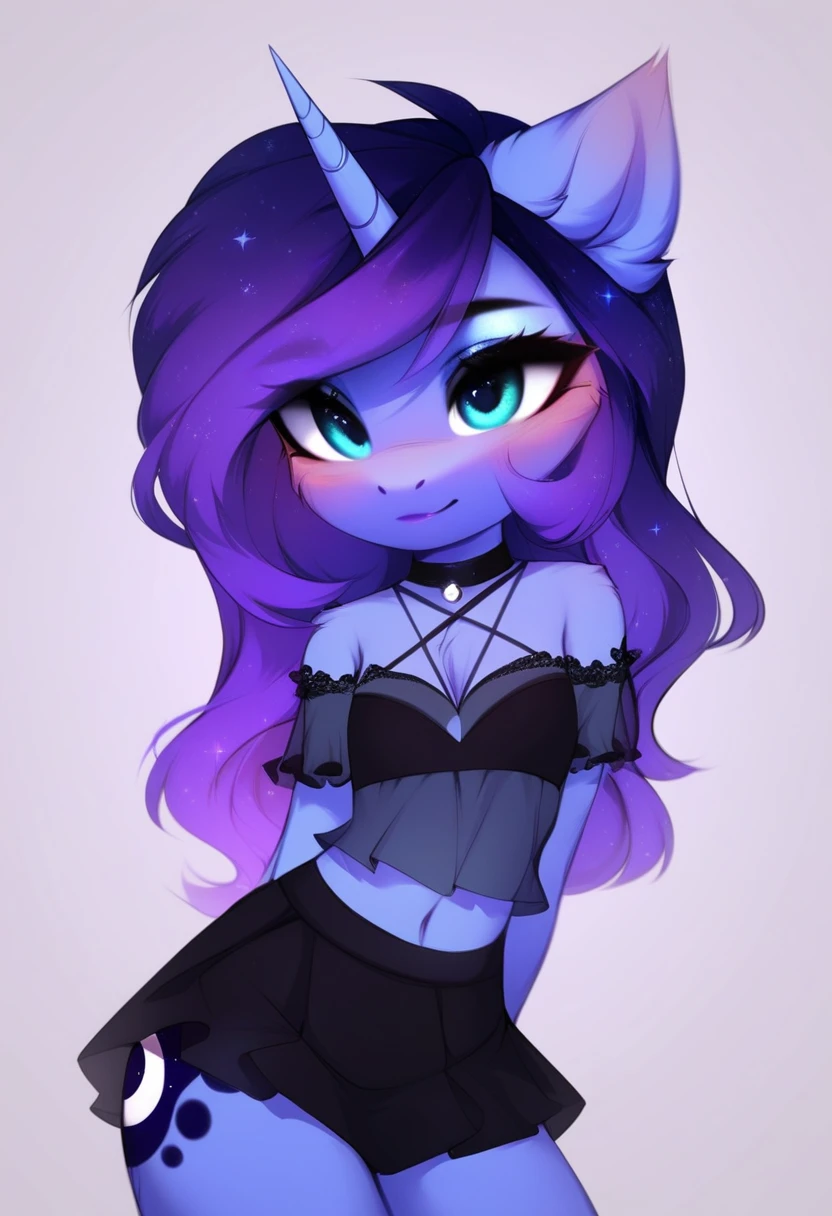 check_9, check_8_up, check_7_up, source_fluffy, rating_safe, from Magnaluna, Luna poses seductively in a gothic bedroom, antro, blushing, blue body, purple mane, see through black skirt