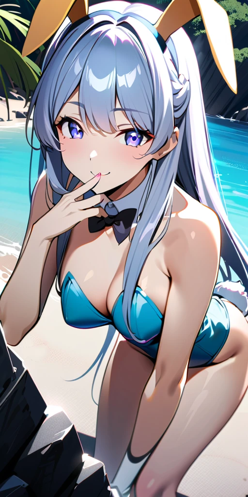 ((Highest quality、、masterpiece:1.3)), Upper Body、Long legs、Sharp focus:1.2, Beautiful woman with perfect figure:1.4、(Smiling:1.2), double eyelid、30-year-old female、Sexy pose、((((Close your mouth、One Woman、Bunny girl,Beach、Tropical、Sandy Beach、Rocky area、Ocean))))