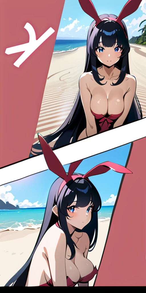 ((Highest quality、、masterpiece:1.3)), Upper Body、Long legs、Sharp focus:1.2, Beautiful woman with perfect figure:1.4、(Smiling:1.2), double eyelid、30-year-old female、Sexy pose、((((Close your mouth、One Woman、Bunny girl,Beach、Tropical、Sandy Beach、Rocky area、Ocean))))