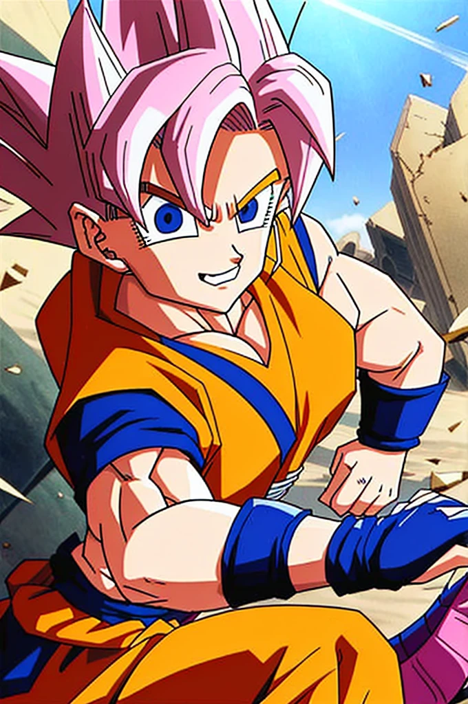 ((dragonball)), humanoide, looking the viewer, break,battle, 1girl, separate, perfect face,pink short hair,solo, woman, portrait, fight, smiling