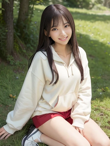 Japanese female, a lot of details, (underweight), 30 years old, detailed black hair, beautiful detailed hair, super fucking beautiful, delicate beautiful face, complex details beautiful and delicate eyes, perfect hands, (flat chest best quality:1.5), perfect and delicate limbs, detailed skin, best quality, ultra-detailed,(cheerful grin:1.5),
grassland, food photo, delightful, (sitting), long hair, (cream shorts), (red hoodie), hood, japanese, in the grassland, with a hill, chill atmosphere, (full body shot:1.2), ground-level shot, dappled sunlight
