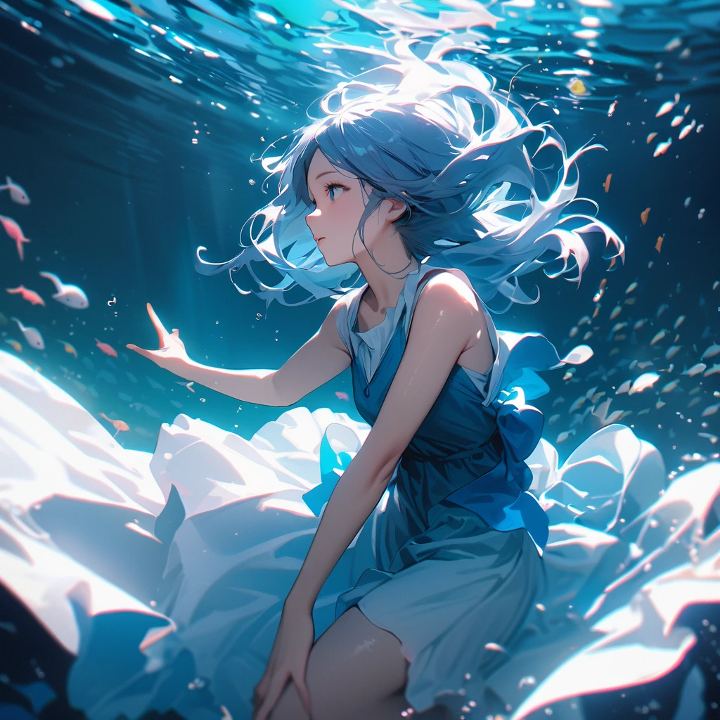 1 Girl、diving underwater、Loose, Short tunic、Fine skin、Beautiful blue sea、Sunlight shining on the surface of the water、Flowing Hair、A fantastic atmosphere、A vibrant underwater world、(8K、RAW Photos、Highest quality、masterpiece:1.2)、(Genuine) 、Realistic:1.37)、