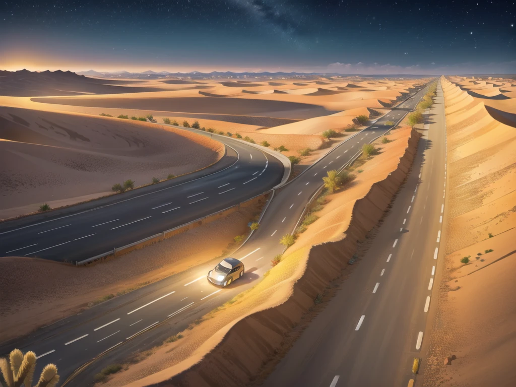 (desert  :1.2),road ,(รถวิ่งบนroad:1.2)  landscape:1.5 ,(Many cars:1.2) ,nighttime 