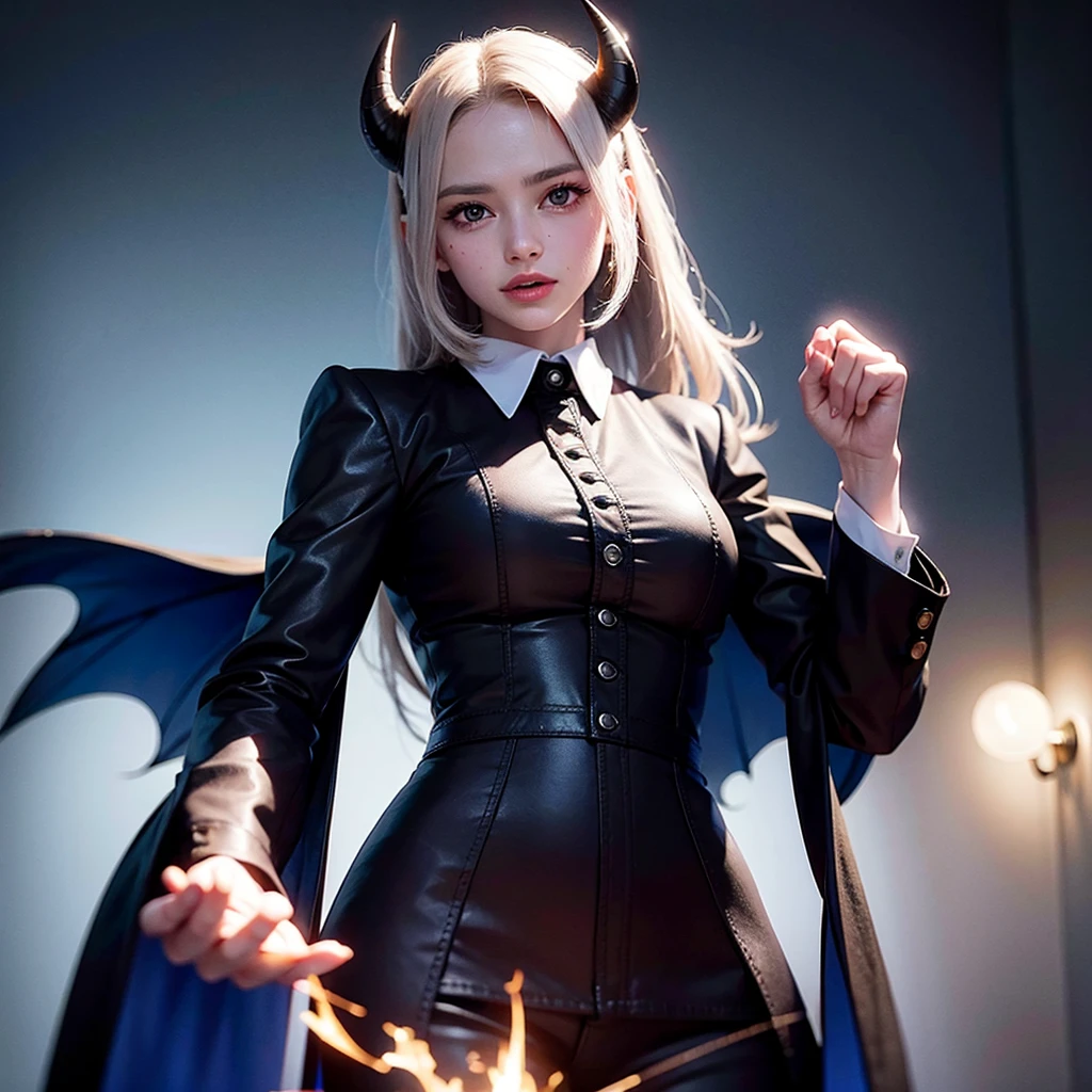 In a masterful display of artistic prowess, Lucifer from Helltaker emerges as the focal point of a hyper-realistic 8K human portrait. Clad in a formal suit featuring a striking red shirt, black pants, and a matching black necktie, she commands attention with her serene expression and captivating smile, her gaze fixed directly upon the viewer. She has the face of ((https://images.fineartamerica.com/images/artworkimages/mediumlarge/3/1-gorgeous-blonde-with-big-breasts-mihai-b.jpg)). Her eyes, almond-shaped and bewitching, mesmerize with their striking red crimson irises, framed by gracefully arched eyebrows and thick, voluminous lashes that curl upwards. Luxuriant waves of light-white hair cascade around her, catching the light in subtle platinum highlights, while her smooth, porcelain-like skin radiates a subtle glow, suggesting vitality and allure, an elegant mix of botanical and geometric patterns that enhance her already captivating presence. Her attire, a black dress and a choker around her neck, serves to underscore her beauty and sophistication. Standing tall and confident, Lucifer possesses very large bosoms, fitting into an I-sized cup, (mature female, milf:1.3). Rendered with meticulous attention to detail and realism, this portrait captures every nuance of Lucifer's appearance, from the delicate contours of her face to the subtle textures of her clothing and skin. Set against a deep matte black background, she stands as a timeless symbol of beauty and allure, her dynamic pose and perfect anatomy drawing the viewer into her world. This high-resolution masterpiece transcends mere artistry, offering a glimpse into the depths of Lucifer's character and personality. With its cinematic composition and meticulous attention to detail, a true masterpiece in every sense of the world. full body. large breasts, heavy makeup, detailed Tokyo street , smile, white hair, blush, eyeliner, white lips. thing waist (45 cm)