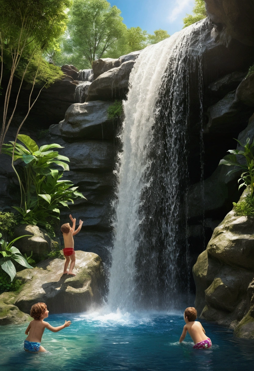 Highest quality, Super detailed, (Realistic), Kids playing in the waterfall, Children swimming, Children&#39;s Diving, Kids having fun