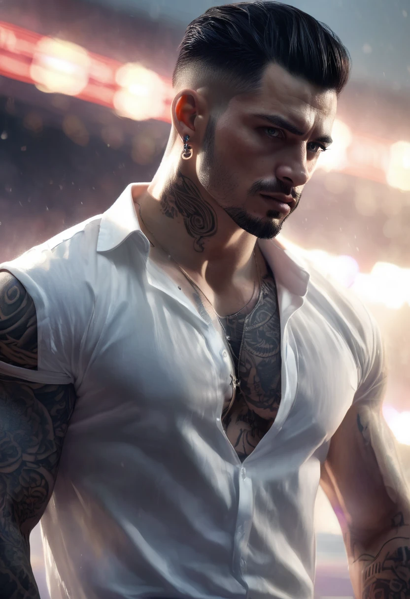 1 man, inside a clandestine race track, wearing a white shirt, detailed facial features, beautiful male eyes, detailed light skin, medium black hair, strong expression, tattoos on the body, dramatic lighting, cinematic composition, cold and dark color palette, atmospheric fog, strong chin, manly man, night, smooth hairless face (best quality, 4K, 8K, high resolution, art: 1.2), ultra-detailed, (realistic, photorealistic, photorealistic: 1.37)