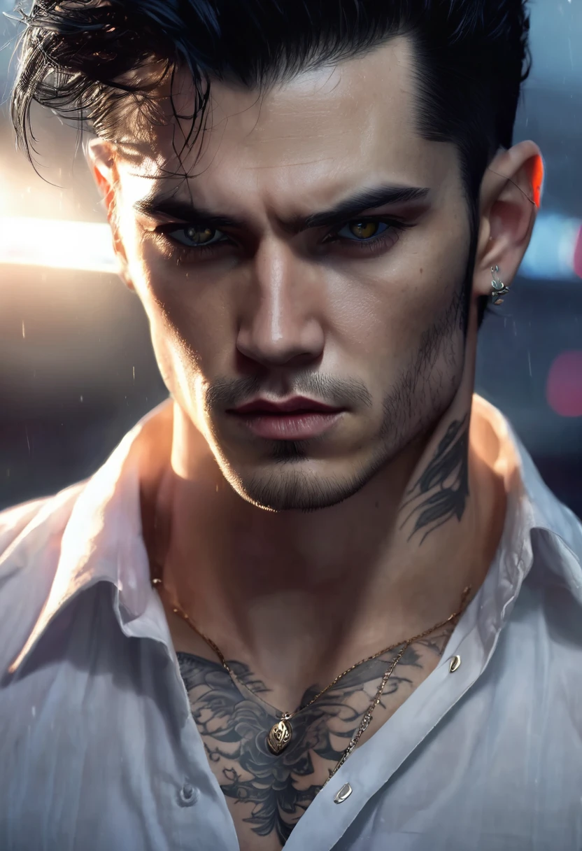 1 man, inside a clandestine race track, wearing a white shirt, detailed facial features, beautiful male eyes, detailed light skin, medium black hair, strong expression, tattoos on the body, dramatic lighting, cinematic composition, cold and dark color palette, atmospheric fog, strong chin, manly man, night, smooth hairless face (best quality, 4K, 8K, high resolution, art: 1.2), ultra-detailed, (realistic, photorealistic, photorealistic: 1.37)