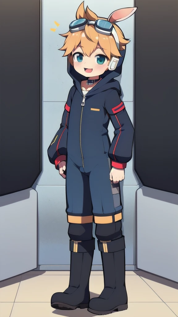 2D Boy Shota，One-piece mountaineering suit，Slim, healthy body，Put the headphones on your head，stand up，goggles，Rabbit ears，happy，Sailor collar，tie，Zipper pulled down，boots，hood