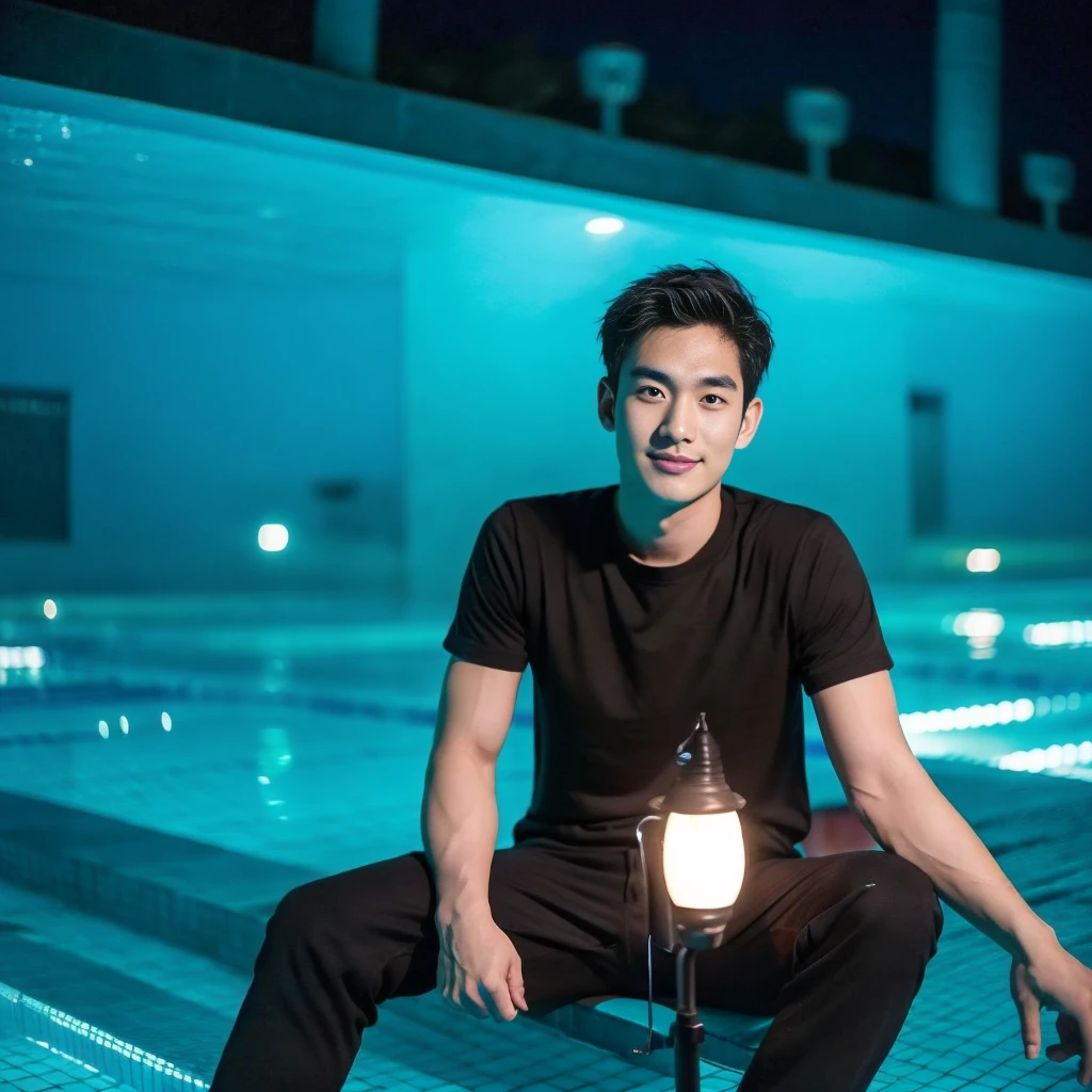 独奏:1.3 ,Korean man, Inspiration from Peng Yuyan,  23 years old, Cute Korean Face, 35 yo, 33 year old Korean muscular man，Sitting near the swimming pool, black t-shirt, night light view, half moon, Blue lights under the swimming pool, lantern light,