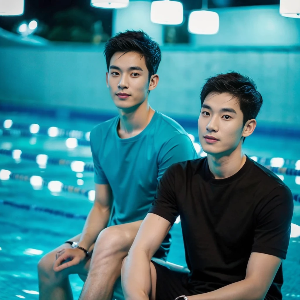独奏:1.3 ,Korean man, Inspiration from Peng Yuyan, 23 years old, Cute Korean Face, 35 yo, 33 year old Korean muscular man,Sitting near the swimming pool, black t-shirt, night light view, half moon, Blue lights under the swimming pool, lantern light,