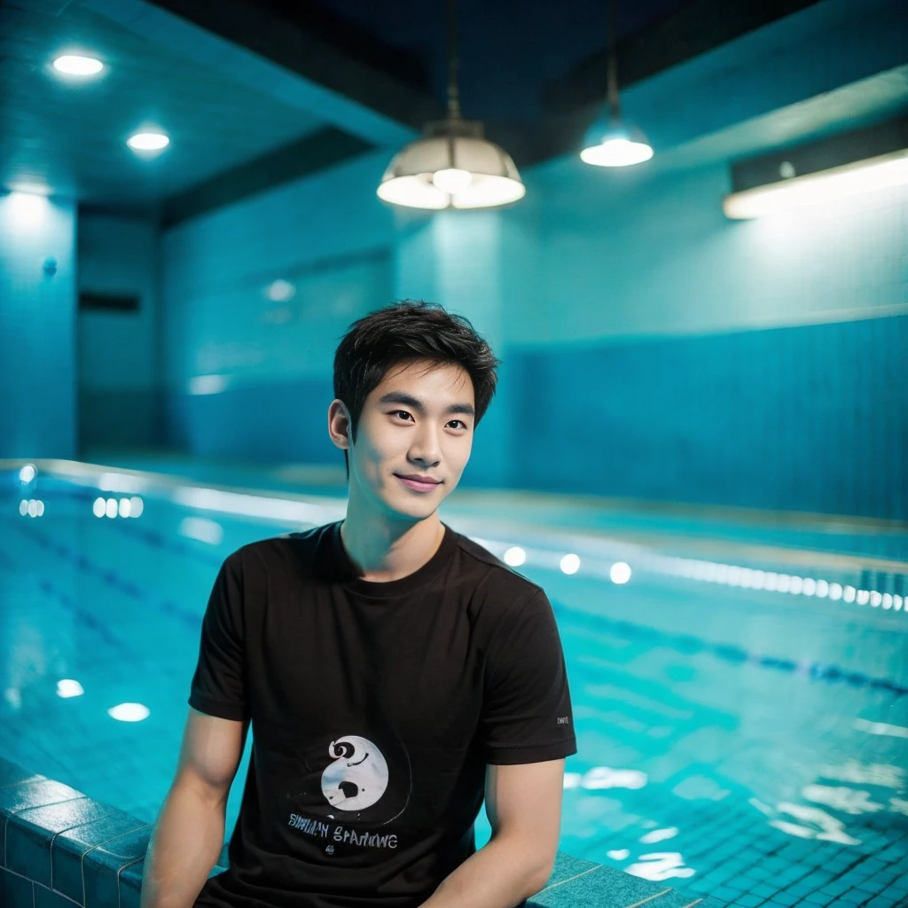 there is a man standing in front of a swimming pool, 155 cm tall, yanjun chengt, 165 cm tall, prefect body, thawan duchanee, steve zheng, wenjun lin, xintong chen, yihao ren, gofl course and swimming, wenfei ye, cai xukun, leng jun, he is with large