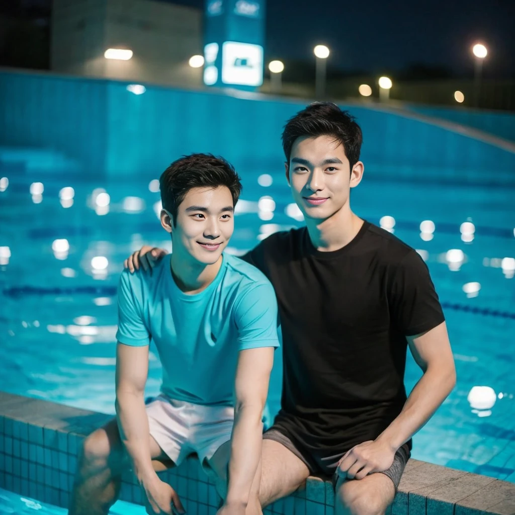 独奏:1.3 ,Korean man, Inspiration from Peng Yuyan,  23 years old, Cute Korean Face, 35 yo, 33 year old Korean muscular man，Sitting near the swimming pool, black t-shirt, night light view, half moon, Blue lights under the swimming pool, lantern light,