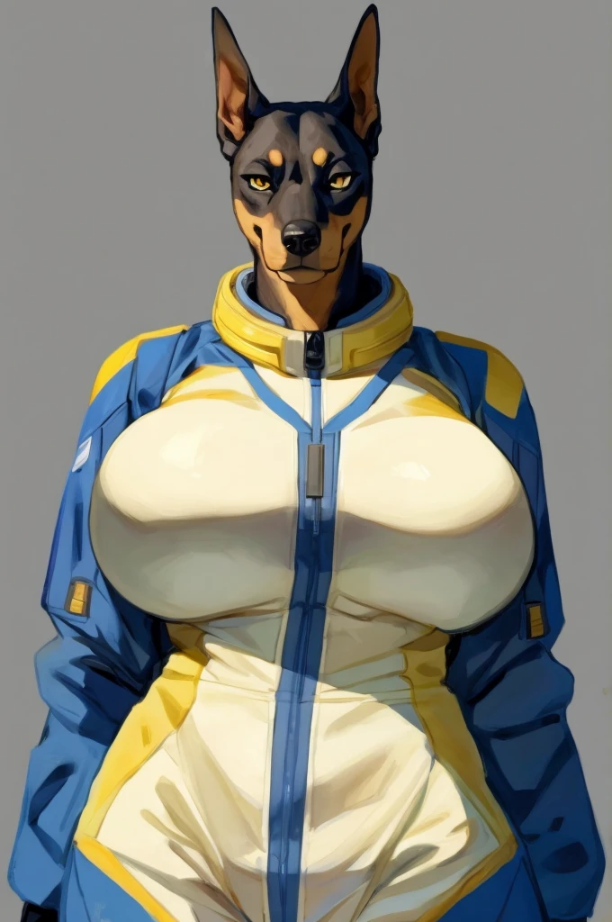 Solo, female, big breasts, standing, dobermann, blonde hair, yellow eyes, by bebebebebe, simple background, blue military spacesuit