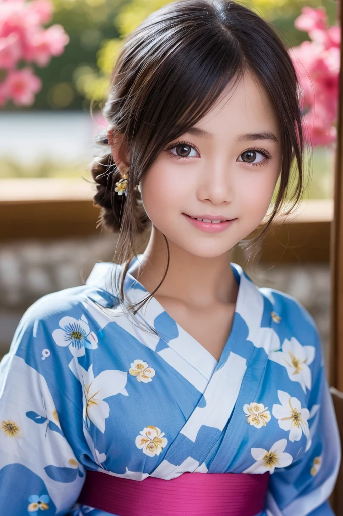 (1ung girl), Extremely cute face, Amazing face and eyes, (Highly detailed eyes, Highly detailed face), fresh, Very clean appearance, (Hyper-realistic, hight resolution), (Best Quality:1.4), Raw photo, (Realistic, Photorealsitic:1.37), Professional Photography, (floral pattern yukata:1.5), (Open yukata), (cleavage:1.2), (Bare shoulders), Smile slightly, (Staring at me), Bedroom, girl portrait,